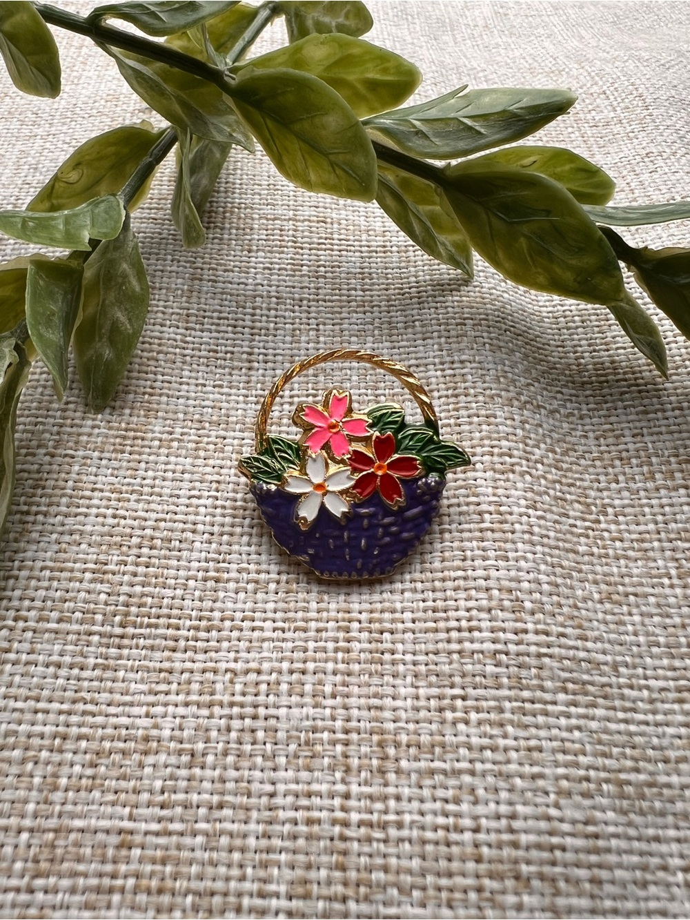Gold Vintage Cottagecore Enamel Brooch Pin with Colourful Flower Basket